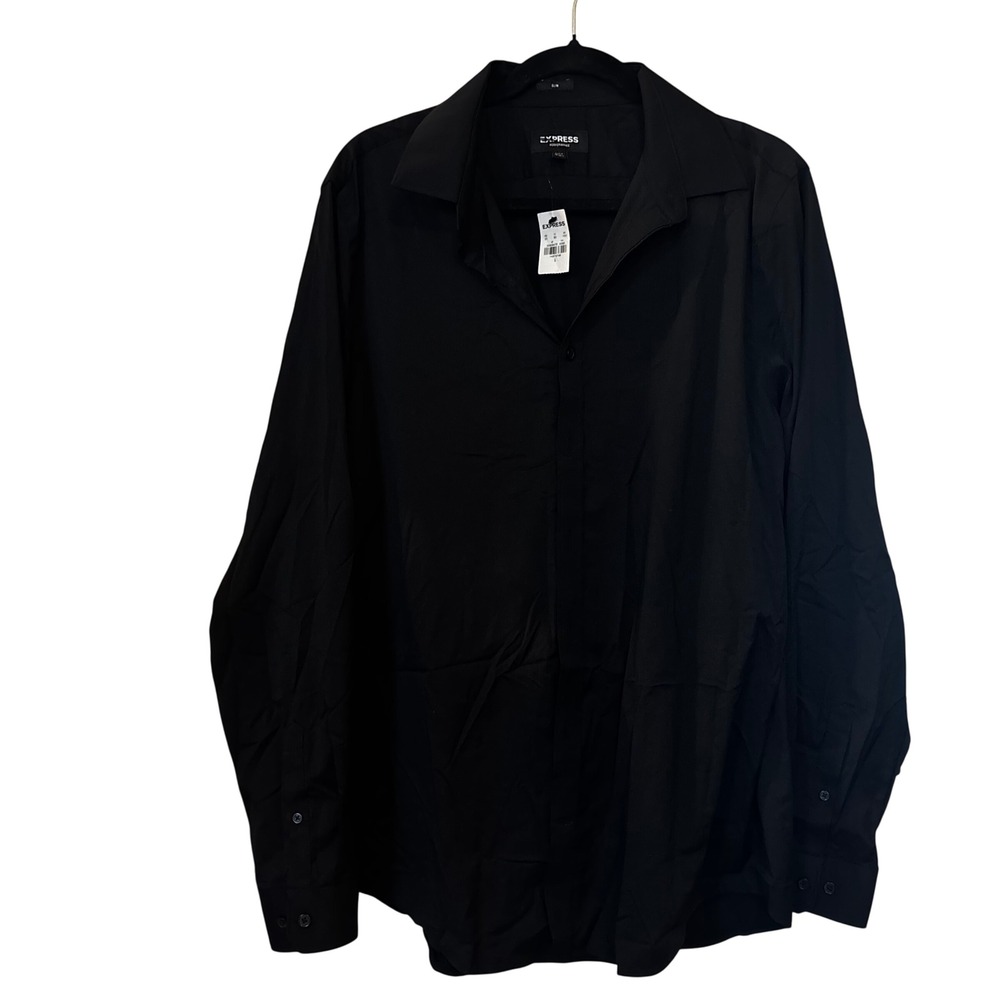 Express Men's Large Performance Slim Black Long Sleeve Button Up Shirt NWT